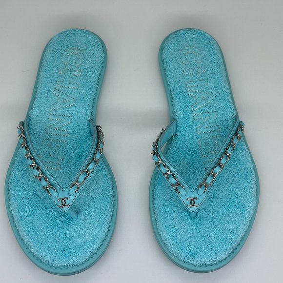 CHANEL 21S Leather Chain Terry Flip Flop Thong Flat Sandals Shoes - Picture 1 of 16